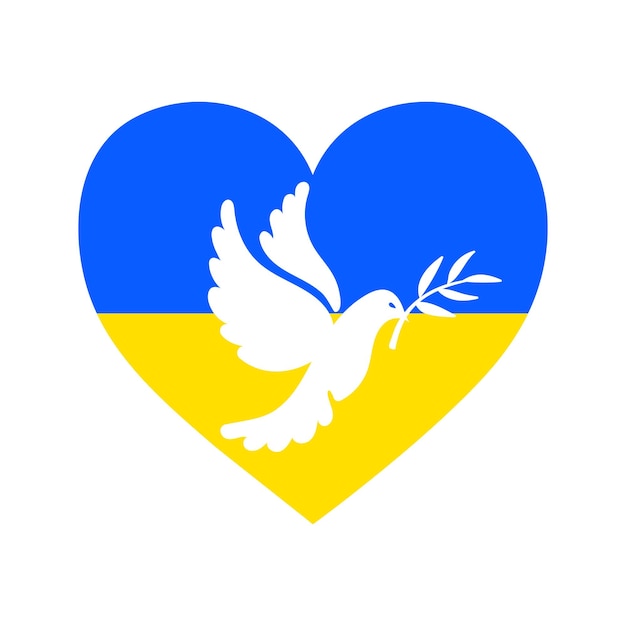 Heart shape in Ukrainian flag colors with white pigeon on it dove of peace with olive branch