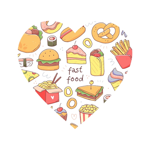 Heart shape with fast food and fast food text Vector isolated junk food concept illustration