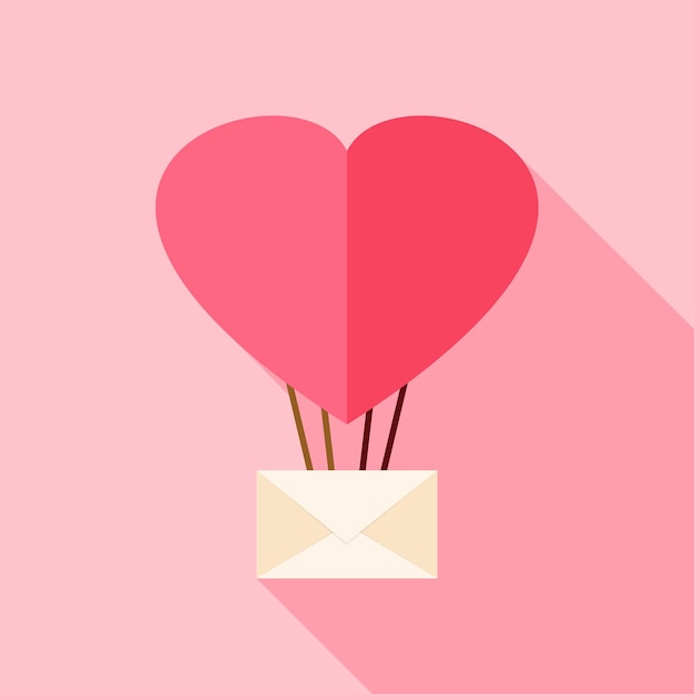 Heart shaped air balloon with envelope. Flat stylized object with long shadow