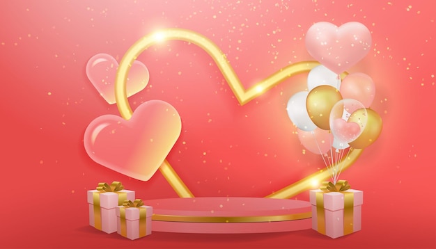 Heart shaped booth background with balloons, gifts