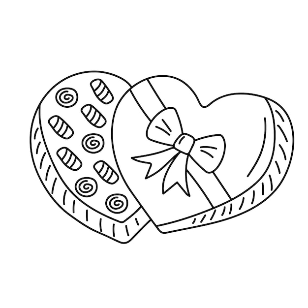 Heart shaped chocolate candies box in doodle style Sweet gift box with bow for holiday