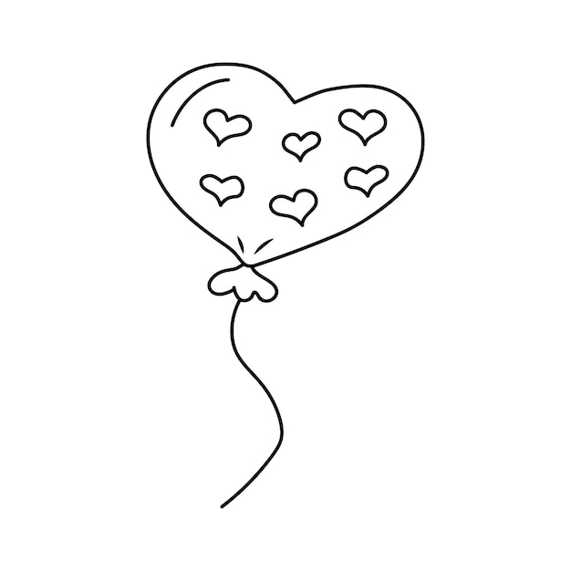 Heart shaped cute doodle air balloon with hearts Hand drawn line art vector illustration