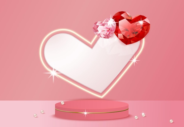 Heart shaped gems and display stand on pink background suitable for Valentines Day Mothers Day