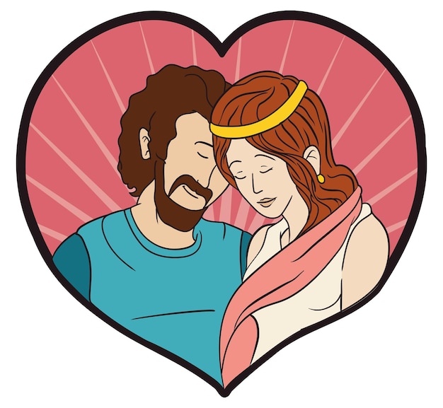 Heart shaped portrait with smiling couple inside of it with bearded man and woman wearing a bandana