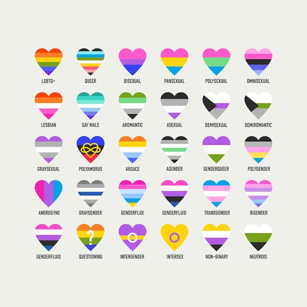 Heart shaped pride flags Sexual and gender identity Vector illustration