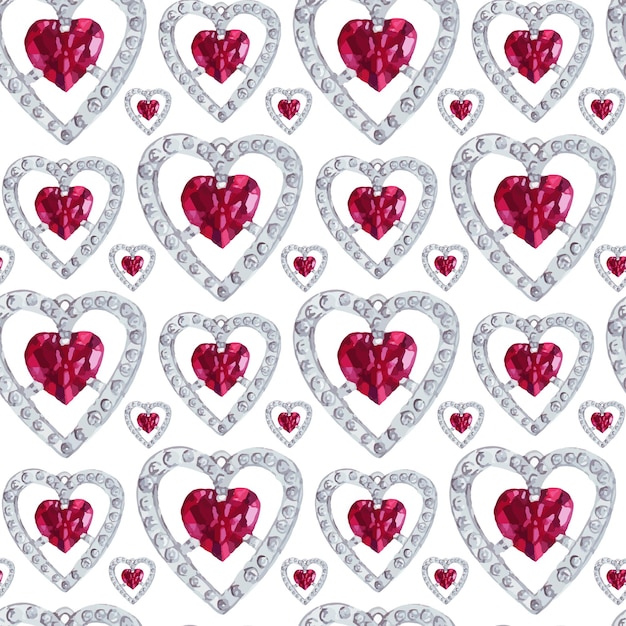 Heart-shaped ruby gem jewellery  watercolor seamless pattern.