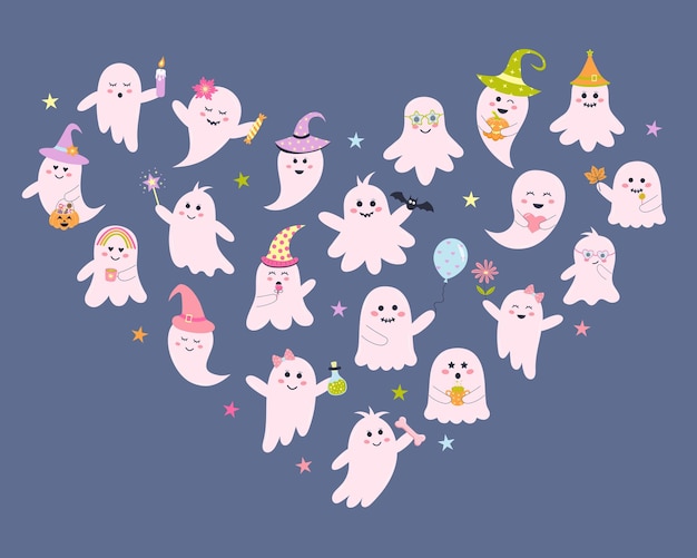 Heart shaped set of cute pink ghosts Halloween baby characters for kids Magic scary spirits