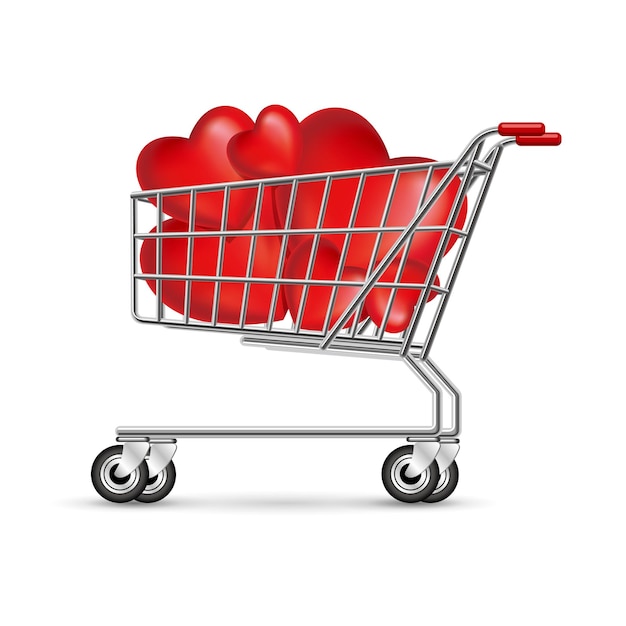 Heart shaped symbol in a shopping cart, isolated on white background.