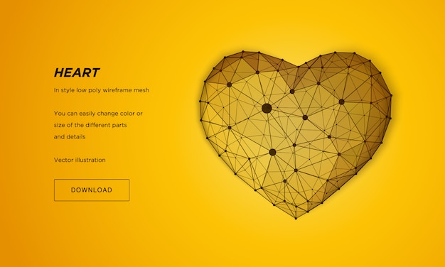 Heart in style Low poly wireframe mesh. Abstract on yellow background. Concept Love. Plexus lines and points in the constellation. Particles are connected in a geometric shape.