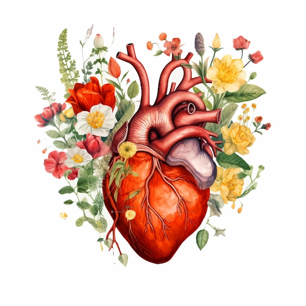 Heart surrounded by flowers watercolor paint