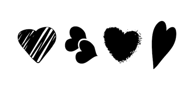 Heart vector icon hand drawn set valentine doodle collection black silhouettes Romantic illustration