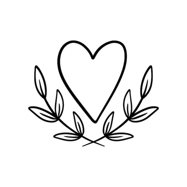 Heart with branches with leaves symbol of love plant nature forest doodle linear cartoon coloring