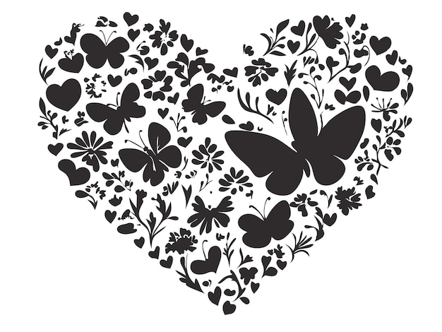 Vector a heart with butterflies and flowers in black and white