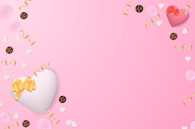 A heart with a golden bow, sweets and a golden serpentine on a pink gradient background. Top view