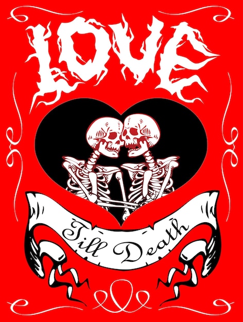 heart with hugging skeletons of lovers with an inscription in the style of a cartoon tattoo