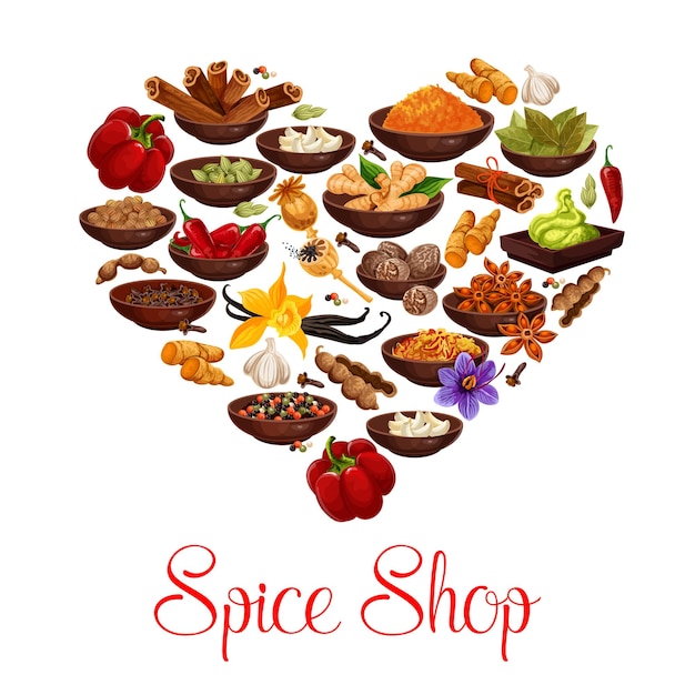 Vector heart with spice condiment and seasoning poster