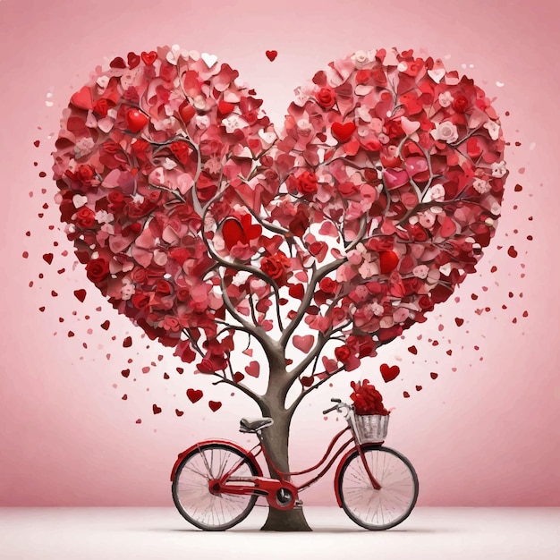 Vector a heart with a tree and a bicycle with a red background with hearts