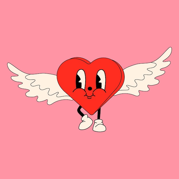 Heart with wings, cupid. 30s cartoon mascot character 40s, 50s, 60s old animation style.Valentine's