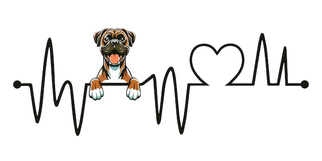 Heartbeat line with Boxer Dog Peeking Dog and Cardiogram wave with Heart Love isolated illustration