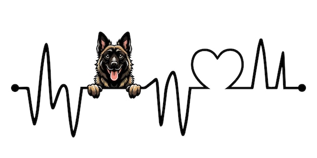 Heartbeat line with Dutch Shepherd Dog Peeking Dog and Cardiogram wave with Heart Love isolated