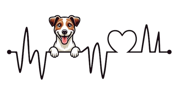 Heartbeat line with Jack Russell Terrier Dog Peeking Dog and Cardiogram wave with Heart Love