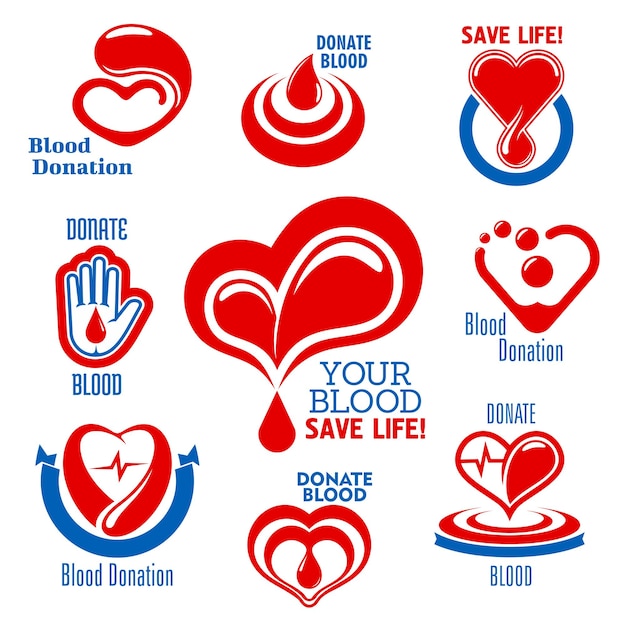 Hearts blood drops hand icons for medical design