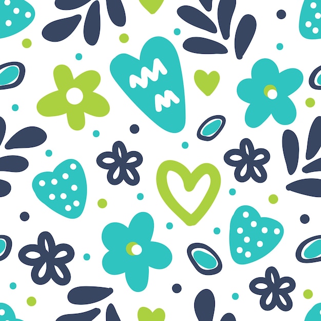 Hearts flowers and twigs on a white background Pattern for fabric wallpaper