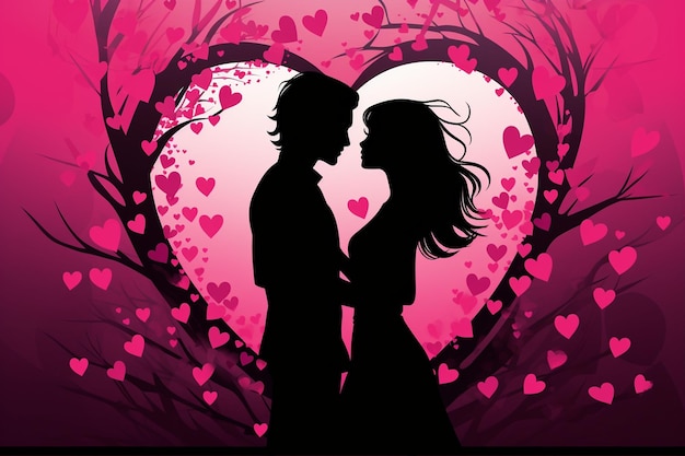 Vector hearts on the heart shape with kissing couple