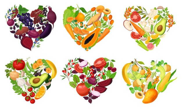 Vector hearts of juicy and bright vegetables and fruits vector set