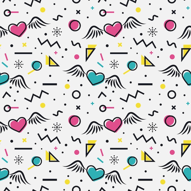 Hearts seamless pattern in memphis style.