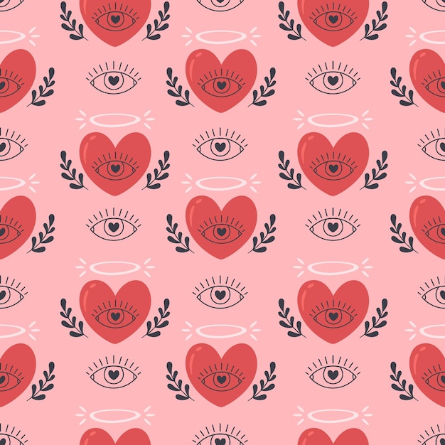 Hearts seamless pattern. Valentines Day, romantic and love element. Heart with eye and flowers