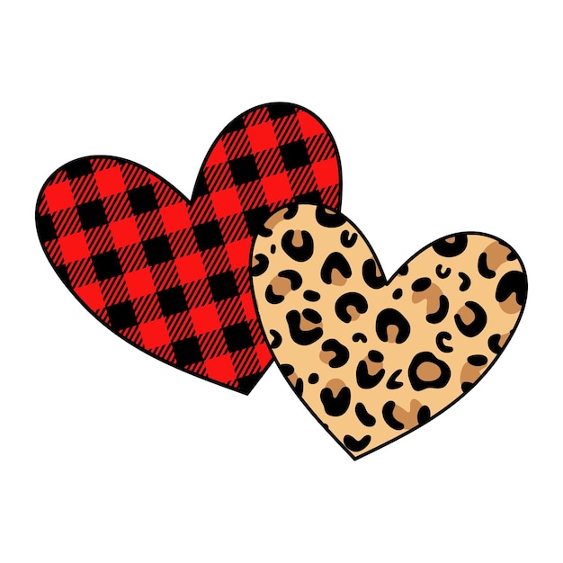 Hearts with Leopard print and Buffalo plaid ornament Handdrawn illustration for Valentines Day