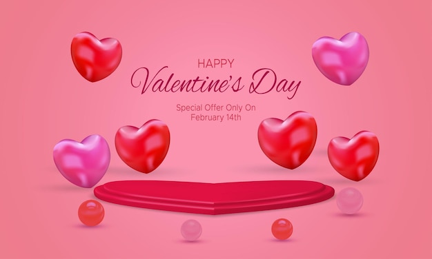 Heartshaped Valentines day podium with love hearts shape and realistic pearl on pink background