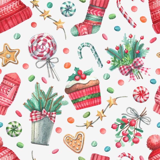 Heartwarming seamless pattern with watercolor Christmas illustrations.