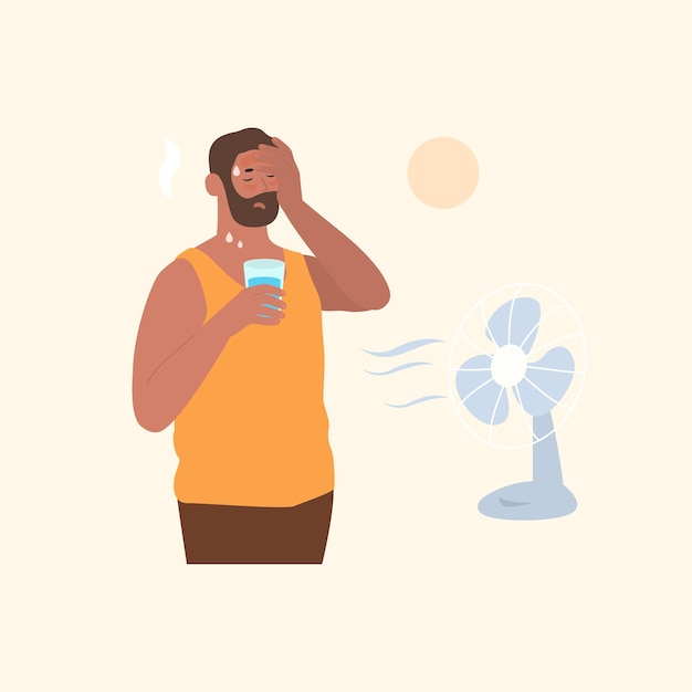 Vector heat wave man with glass of water and ventilator sweating and suffering from summer heat vector illustration