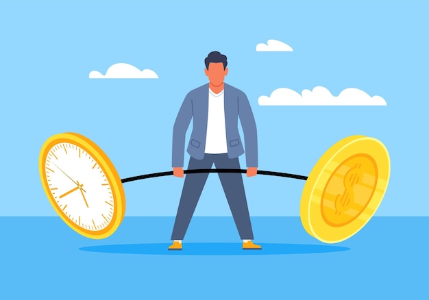 Heavy balance Time is money man lifts barbell gold coin and watch dial business planning financial investments in stock market future income vector cartoon flat isolated concept