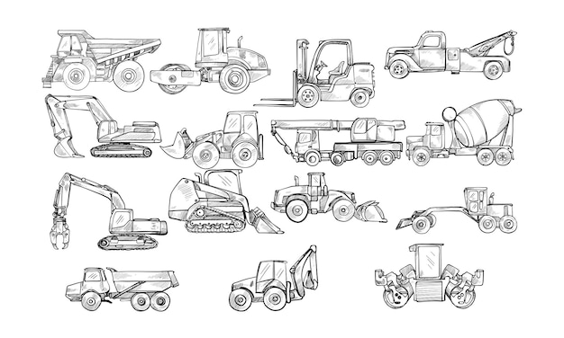 heavy equipment construction handdrawn illustration engraving