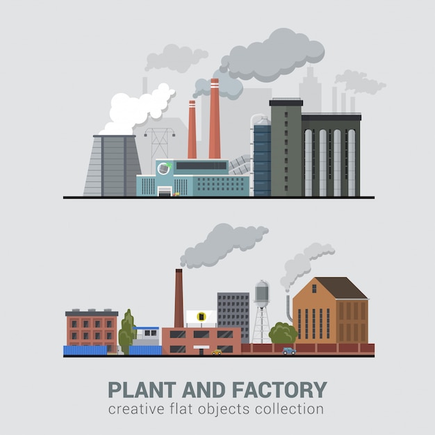 Heavy industry plant factory with smoke above chimney polluting atmosphere flat vector illustration.