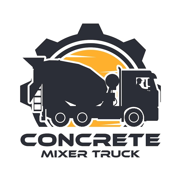 Heavy machinery label with operator driving concrete mixer truck with gear in the background