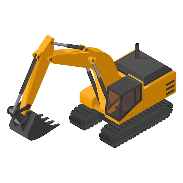 Heavy machinery with excavator on tracks yellow isometric on white background