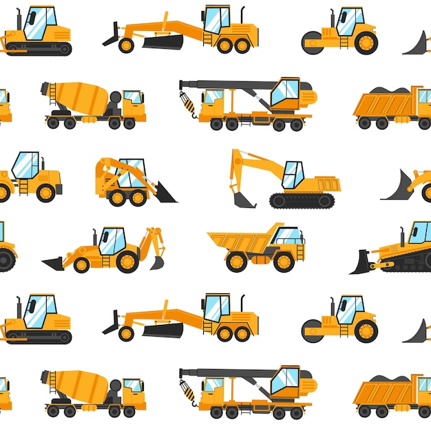 Heavy trucks pattern Seamless print with cartoon construction vehicles and industrial building machinery for earthwork lifting and transportation Vector yellow working transport texture template