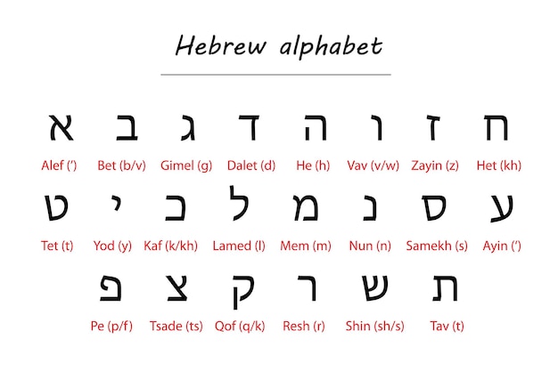 Vector hebrew alphabet chart with romanized transliteration for learning