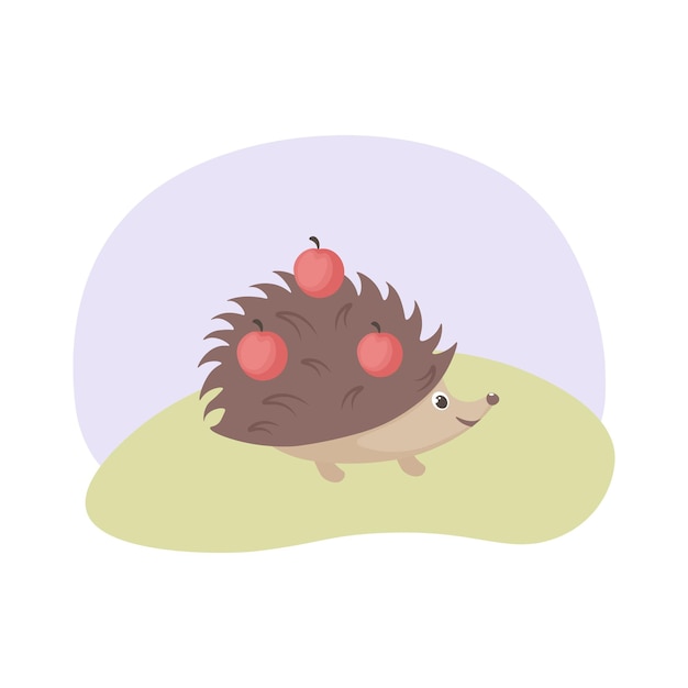 Hedgehog Cute hedgehog in cartoon style The hedgehog carries red apples on its back Side view Vector illustration