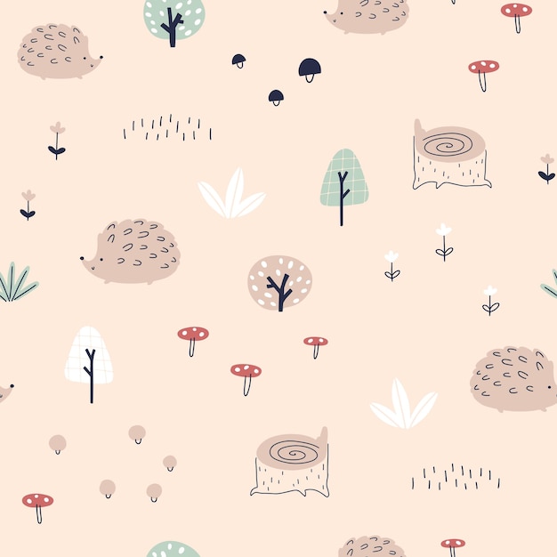 Hedgehog in the forest with rainbows seamless pattern. Autumn illustration in simple hand drawn scandinavian style. The limited pastel palette is ideal for printing baby clothes, fabrics, textiles.