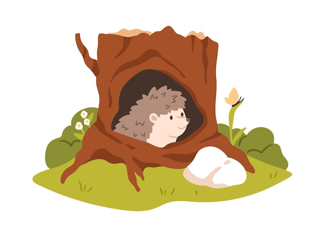 Vector hedgehog in hollow shelter in tree trunk. forest animal peeking out of hole house in woods. cute childish character inside cozy cave home. flat vector illustration isolated on white background