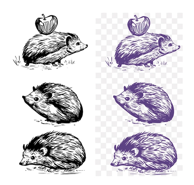 Hedgehog sketch engraving style Hand drawn set vector illustration black outline