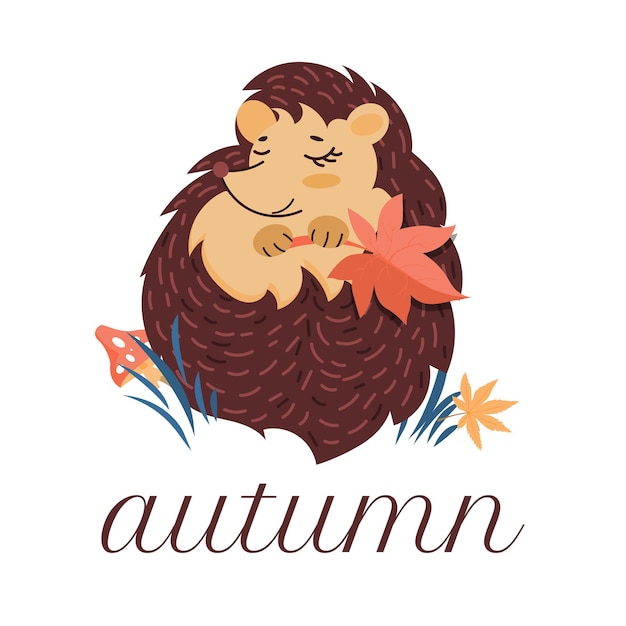 Hedgehog with an autumn leaf. A cute character for autumn design in a cartoon style. Clipart on a white background