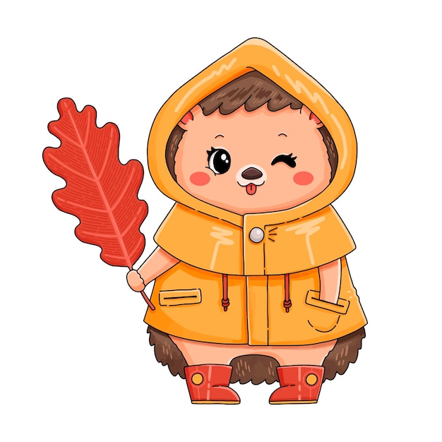 Hedgehog in yellow raincoat with red autumn leaf in red boots vector illustration