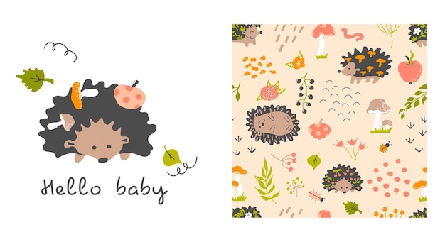 Hedgehogs pattern Card Hello baby Seamless pattern Baby print