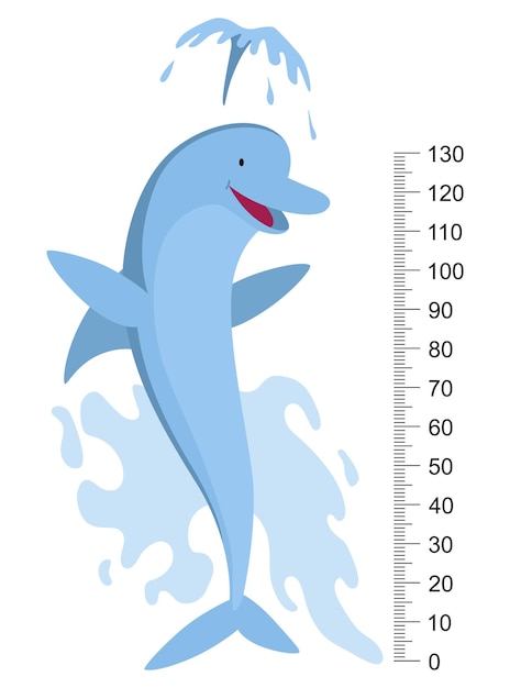 Height measure with growth ruler chart with cute cartoon dolphin animal Funny kids meter wall scale from 0 to 130 centimeter to measure growth Children room wall sticker as interior decor